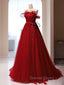 Burgundy A Line Tulle Long Prom Dress, Burgundy Tulle Prom Dresses