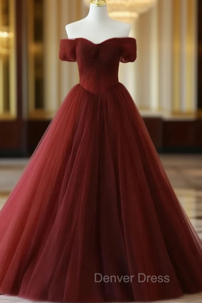 Burgundy A Line Tulle Long Prom Dress, Burgundy Long Bridesmaid Dresses