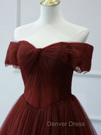 Burgundy A Line Tulle Long Prom Dress, Burgundy Long Bridesmaid Dresses