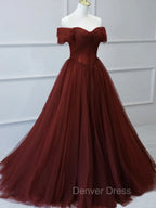 Burgundy A Line Tulle Long Prom Dress, Burgundy Long Bridesmaid Dresses