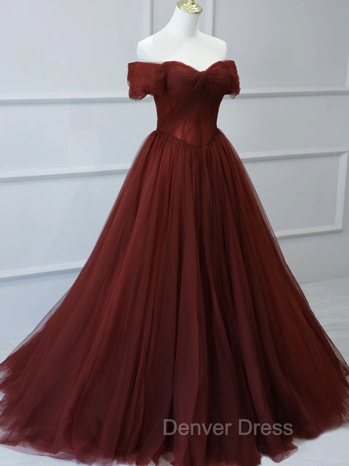 Burgundy A Line Tulle Long Prom Dress, Burgundy Long Bridesmaid Dresses