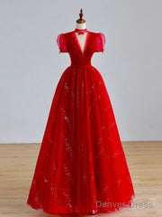 Burgundy A-Line Tulle Sequin Long Prom Dress, Burgundy Formal Dress