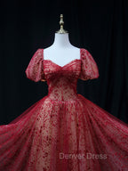 Burgundy A line Tulle Sequin Long Prom Dresses Burgundy Tulle Formal Evening Dresses