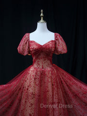 Burgundy A line Tulle Sequin Long Prom Dresses Burgundy Tulle Formal Evening Dresses