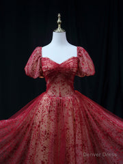 Burgundy A line Tulle Sequin Long Prom Dress Burgundy Tulle Formal Evening Dress