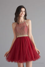 A Line Tulle Sleeveless Beading Homecoming Dresses