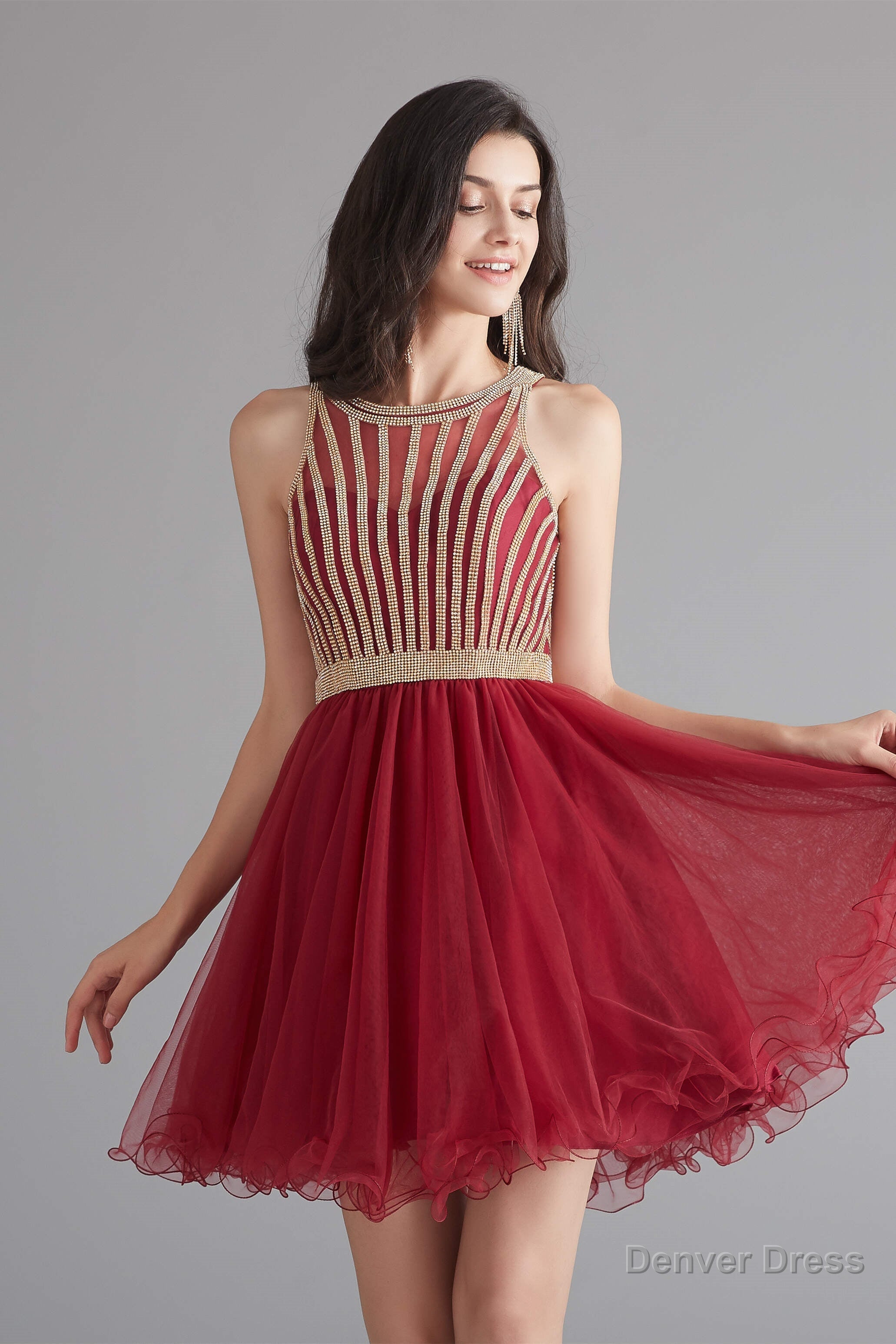 A Line Tulle Sleeveless Beading Homecoming Dresses