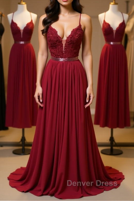 Burgundy A Line V Neck Backless Lace Tulle Long Prom Dress, Burgundy Lace Prom Dress, Burgundy Prom Dresses Main image