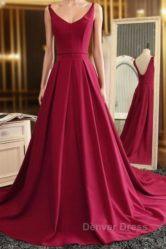 Burgundy A Line V Neck Sweep Train Open Back Satin Long Prom Dress, V Neck Burgundy Prom Dress, Backless Prom Dresses Main image