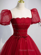 Burgundy Aline Tulle Beads Long Prom Dress, Burgundy Prom Dresses