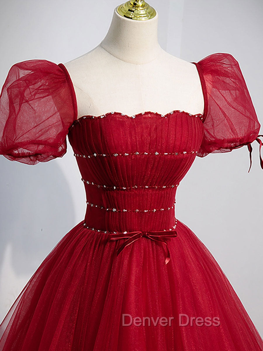 Burgundy Aline Tulle Beads Long Prom Dress, Burgundy Prom Dresses