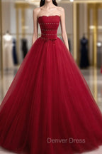 Burgundy Aline Tulle Beads Long Prom Dresses, Burgundy Formal Dresses