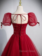 Burgundy Aline Tulle Beads Long Prom Dresses, Burgundy Formal Dresses