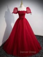 Burgundy Aline Tulle Beads Long Prom Dresses, Burgundy Formal Dresses
