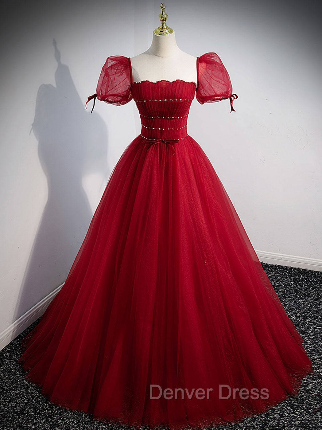 Burgundy Aline Tulle Beads Long Prom Dress, Burgundy Prom Dresses
