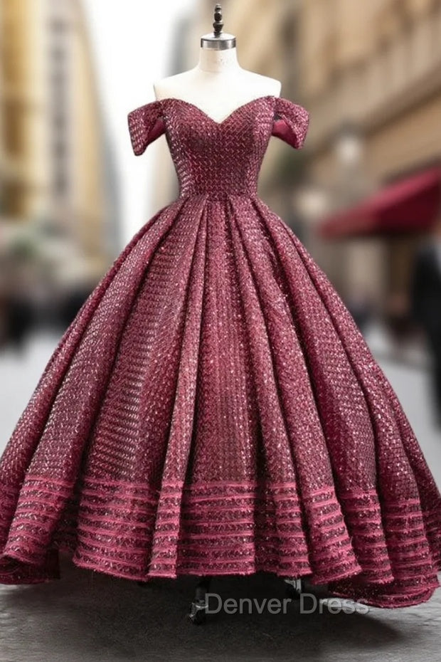 Burgundy Ball Gown  Sequins Off the Shoulder Prom Dresses Main image