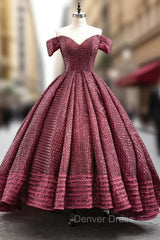 Burgundy Ball Gown  Sequins Off the Shoulder Prom Dresses