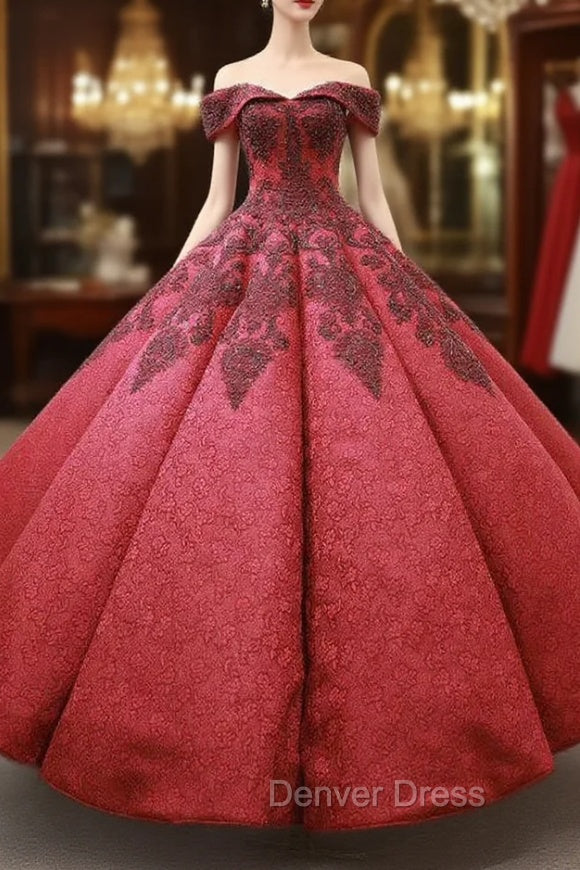 Burgundy Ball Gown Lace Off the Shoulder Appliques Beading Prom Dresses