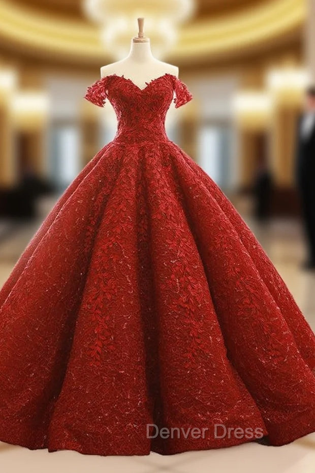 Burgundy Ball Gowns Off The Shoulder Appliques Wedding Dresses Main image