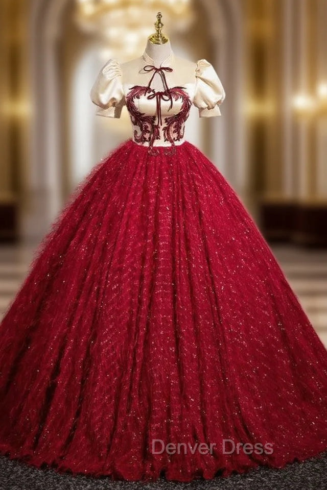 Burgundy Ball Gown Puff Sleeve Quinceanera Dresses Main image