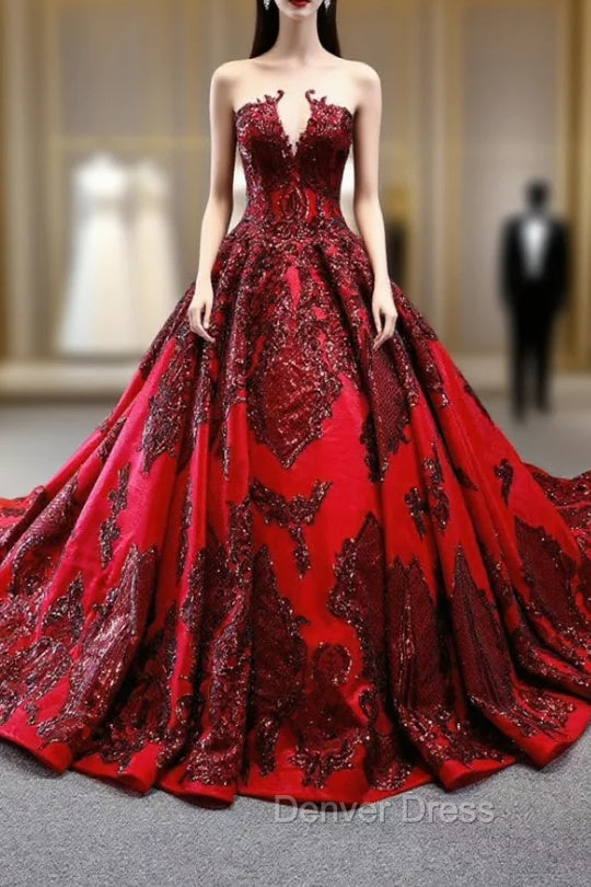 Burgundy Ball Gown Satin Sequins Appliques Cap Sleeve Prom Dresses With Long Train Main image
