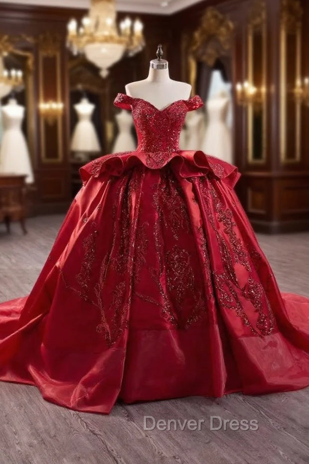 Burgundy Ball Gowns Satin Sequins Prom Dresses