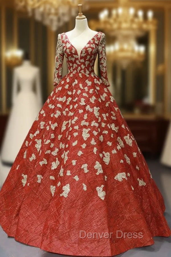 Burgundy Ball Gown Sequins Appliques Deep V-neck Long Sleeve Prom Dresses