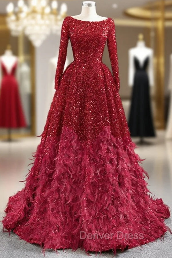 Burgundy Ball Gown Sequins Long Sleeve Feather Prom Dresses Main image