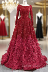 Burgundy Ball Gown Sequins Long Sleeve Feather Prom Dresses