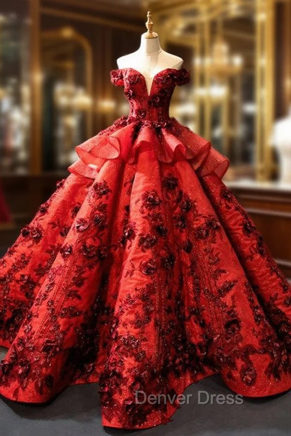 Burgundy Ball Gown Sequins Off the Shoulder 3D Flower Haute Couture Prom Dresses Main image