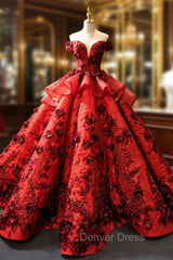 Burgundy Ball Gown Sequins Off the Shoulder 3D Flower Haute Couture Prom Dresses