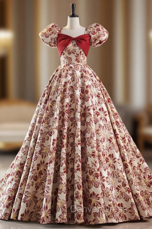 Burgundy Ball Gown Square Puff Sleeve Prom Dresses