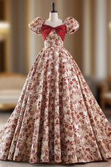 Burgundy Ball Gown Square Puff Sleeve Prom Dresses