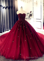 Burgundy Ball Gown Sweetheart Beaded Formal Gown, Burgundy Sweet 16 Dress
