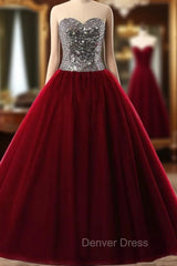 Burgundy Ball Gown Sweetheart Tulle Sequins Quinceanera Dresses