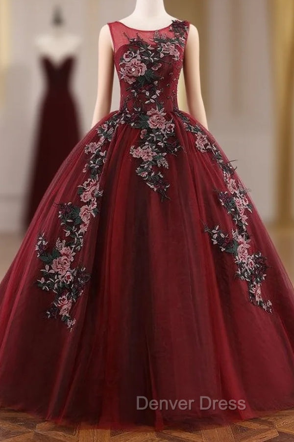 Burgundy Ball Gown Tulle Appliques Quinceanera Dresses Main image