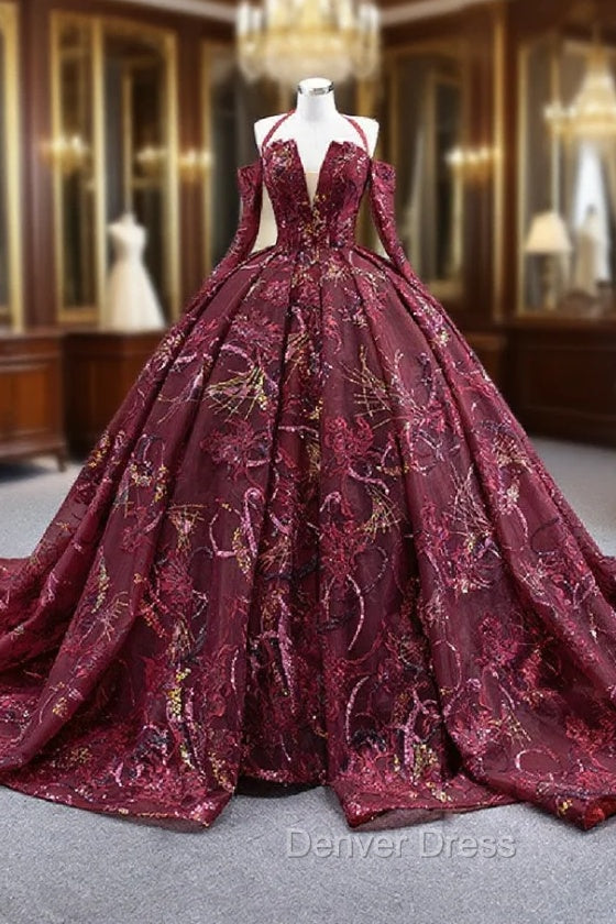 Burgundy Ball Gown Tulle Sequins Long Sleeve Prom Dresses Main image