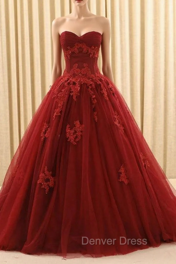 Burgundy Ball Gown Tulle Sweetheart Appliques Wedding Dresses