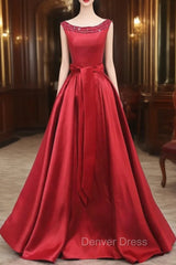 Burgundy Bateau Satin Beading Prom Dresses