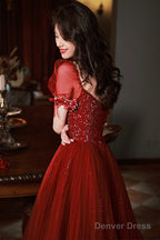 Burgundy Beaded Chic Long A-Line Prom Dress, Cute Short Sleeve Party Dress