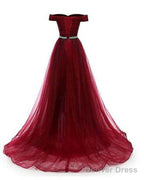 Burgundy Beaded Tulle New Style Prom Dress, Tulle Prom Dresses