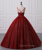 Burgundy Bling Tulle Ball gowns Long Prom Dresses with Embroidered Sequins