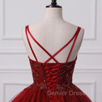 Burgundy Bling Tulle Ball gowns Long Prom Dresses with Embroidered Sequins