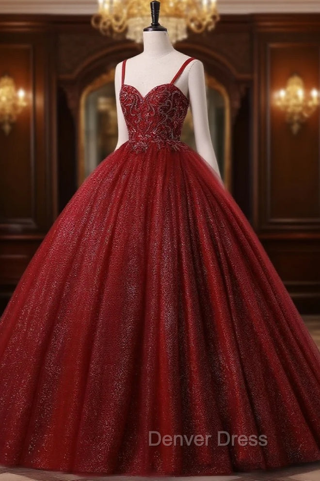 Burgundy Bling Tulle Ball gowns Long Prom Dresses with Embroidered Sequins Main image
