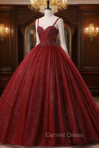 Burgundy Bling Tulle Ball gowns Long Prom Dresses with Embroidered Sequins