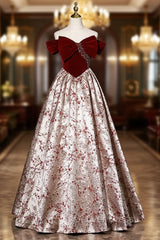 Burgundy Bow Velvet Off the Shoulder Beading Prom Dresses