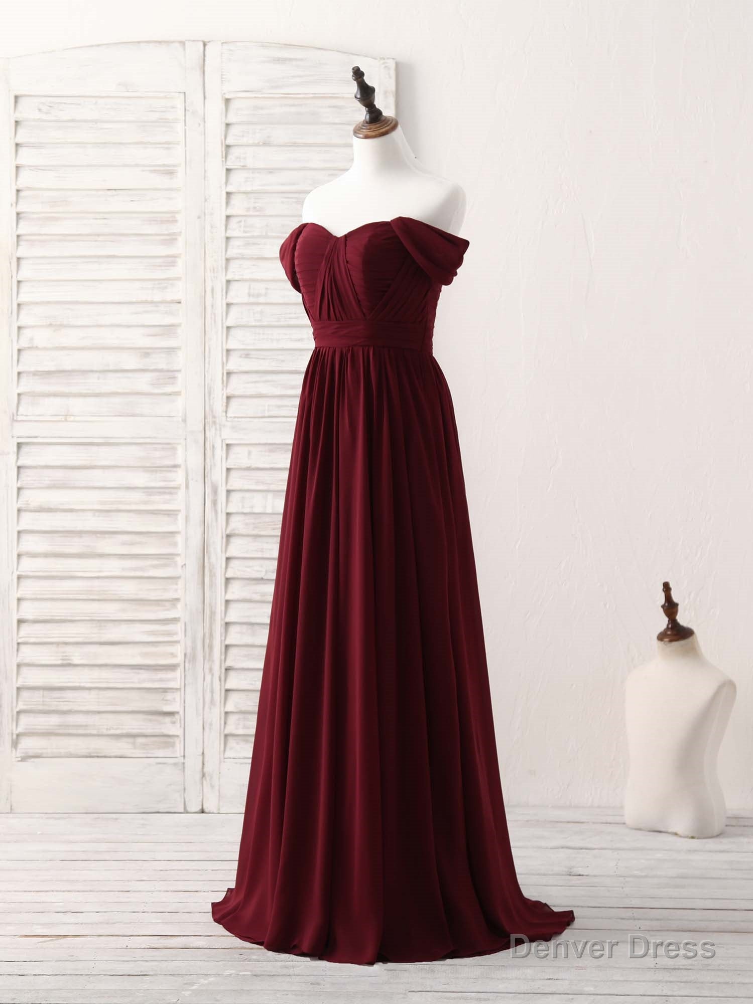 Burgundy Chiffon Off Shoulder Long Prom Dress Burgundy Bridesmaid Dresses Secondary image