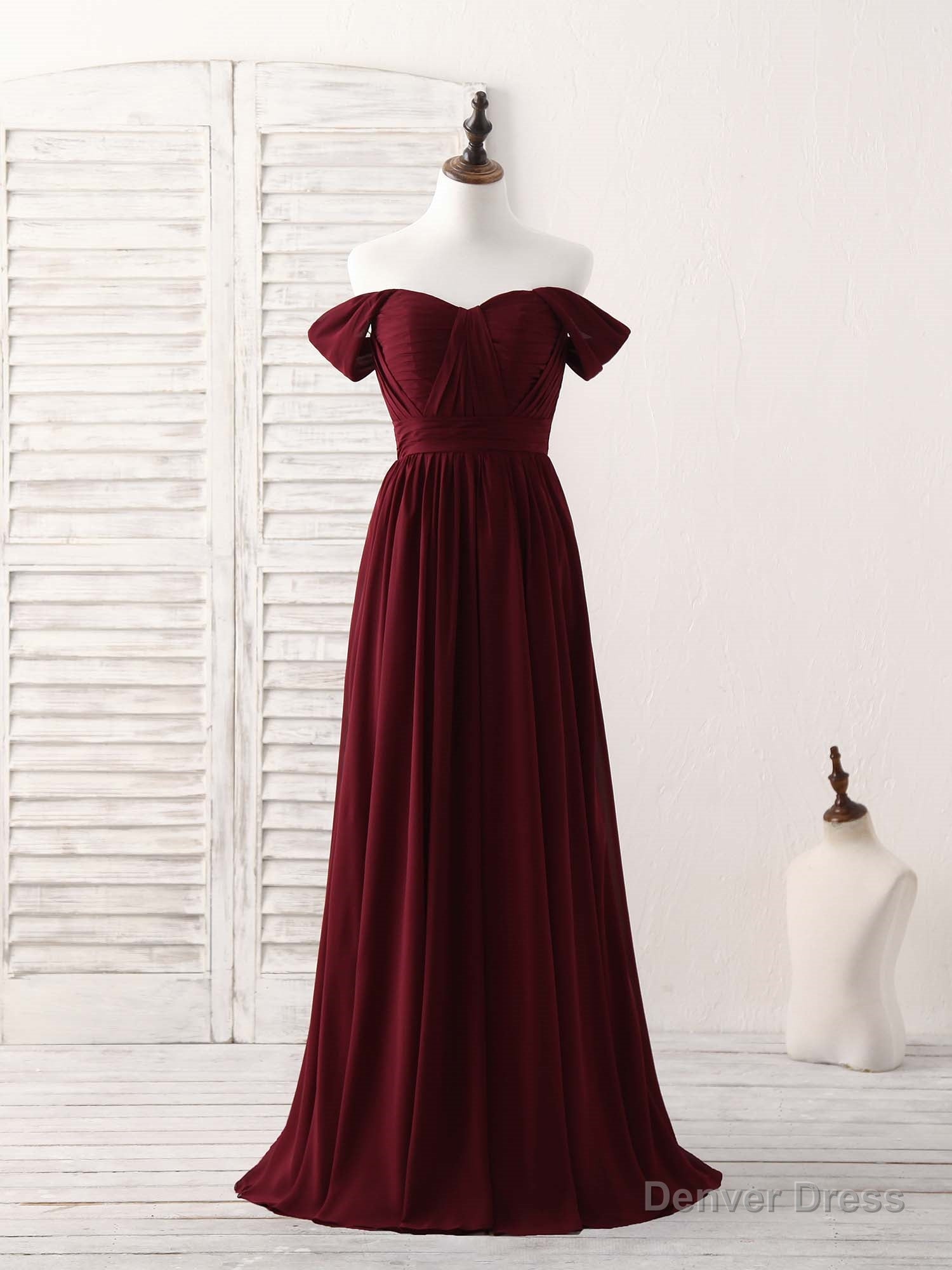Burgundy Chiffon Off Shoulder Long Prom Dress Burgundy Bridesmaid Dresses Main image