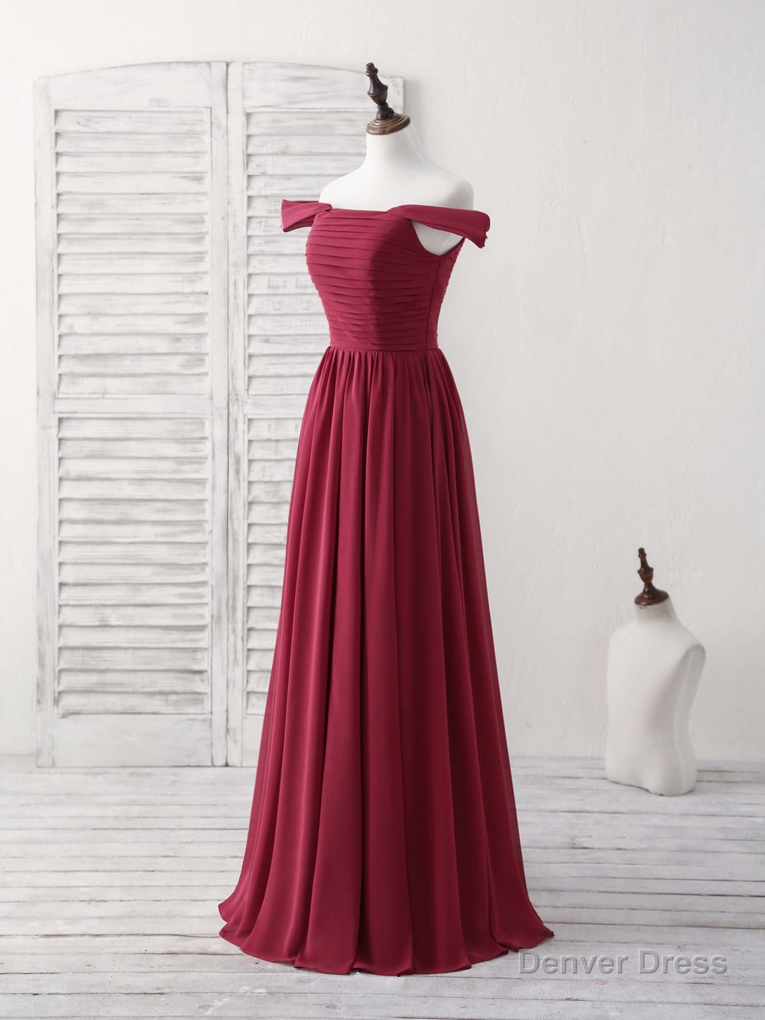 Burgundy Chiffon Off Shoulder Long Prom Dress Burgundy Bridesmaid Dresses Secondary image