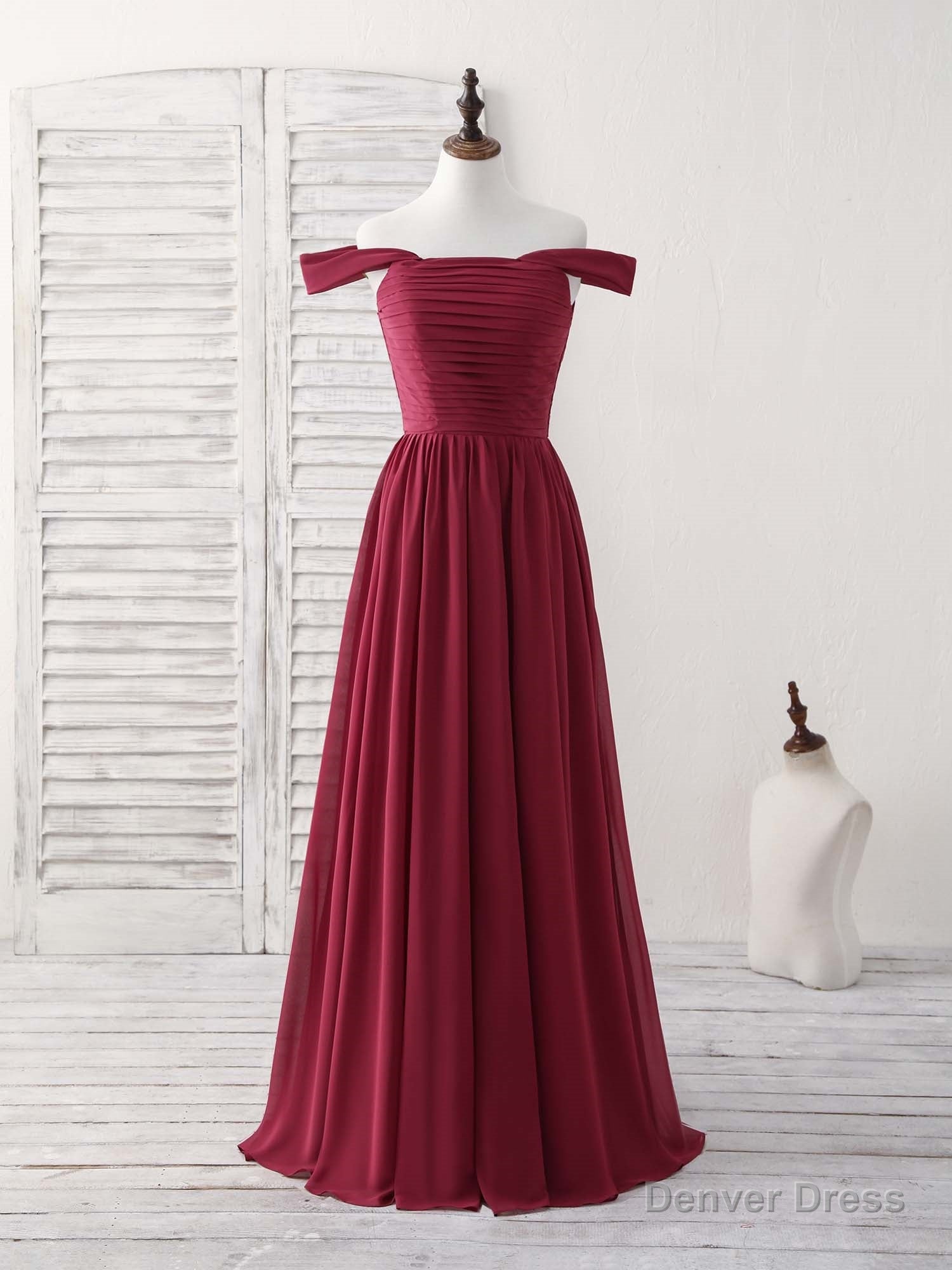 Burgundy Chiffon Off Shoulder Long Prom Dress Burgundy Bridesmaid Dresses Main image